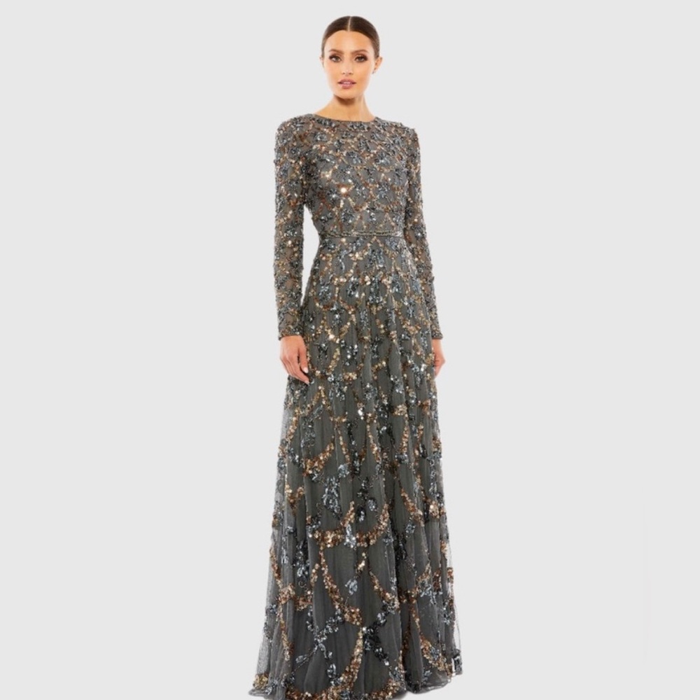 Gray Embellished Illusion High Neck Long Sleeve A Line Gown.
